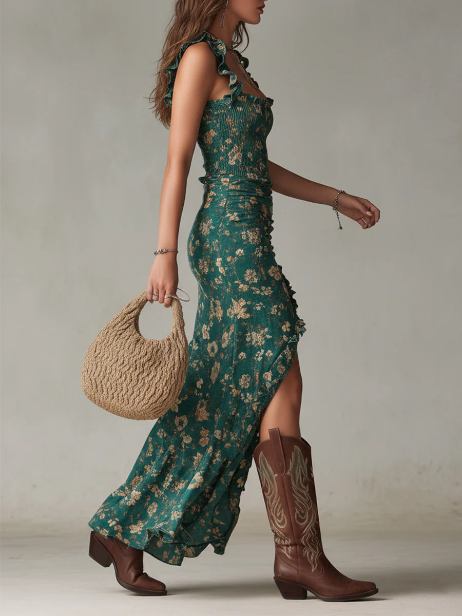 Denise Robe Maxi Bohème Fleurie – Robe Longue à Volants avec Fente Latérale