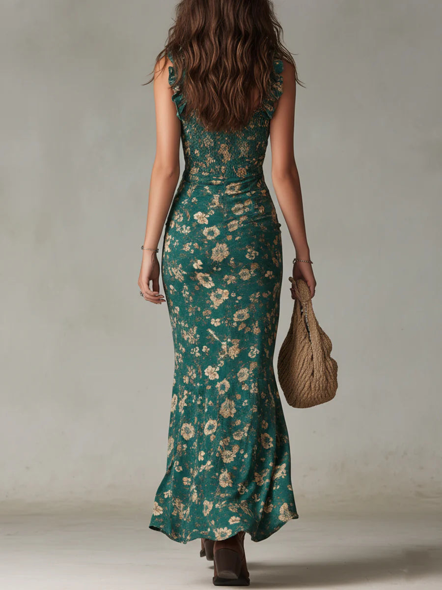 Denise Robe Maxi Bohème Fleurie – Robe Longue à Volants avec Fente Latérale