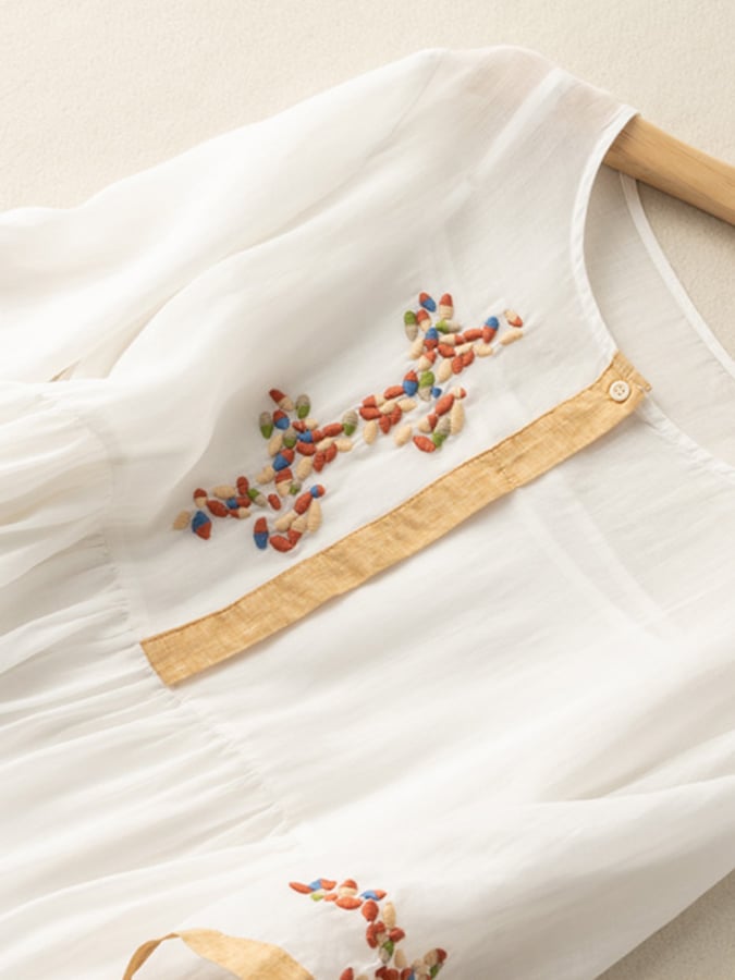 Elowen Robe Femme – Robe Bohème en Coton et Lin avec Broderies Florales Délicates