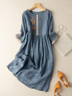 Elowen Women's Dress – Bohemian Cotton and Linen Dress with Delicate Floral Embroidery