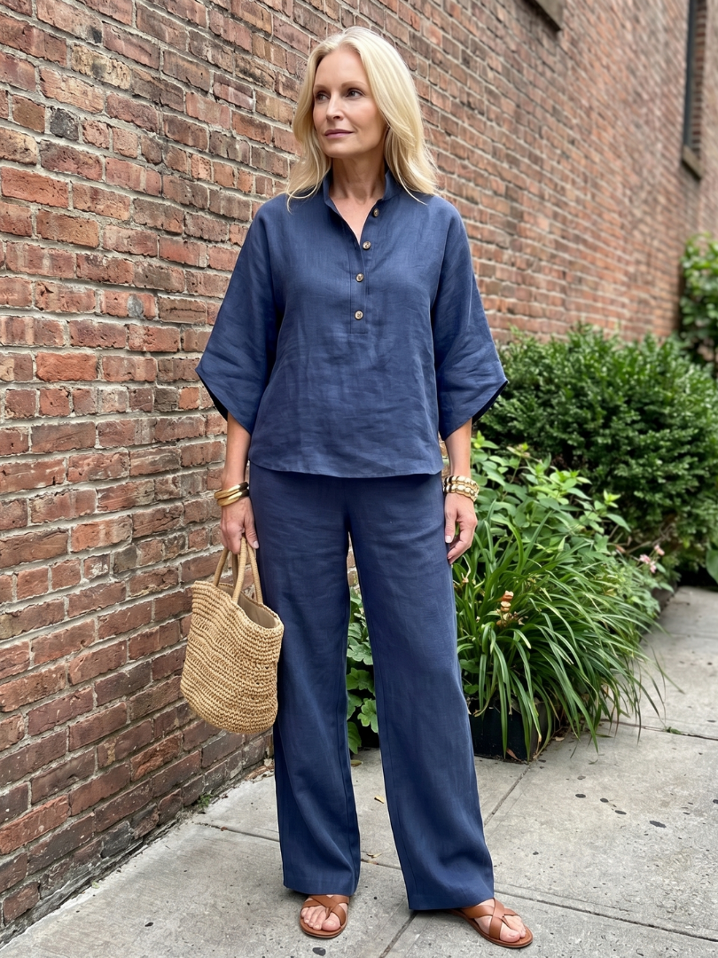 Arianne Ensemble Tunique et Pantalon – Ensemble Décontracté en Coton et Lin à Boutons