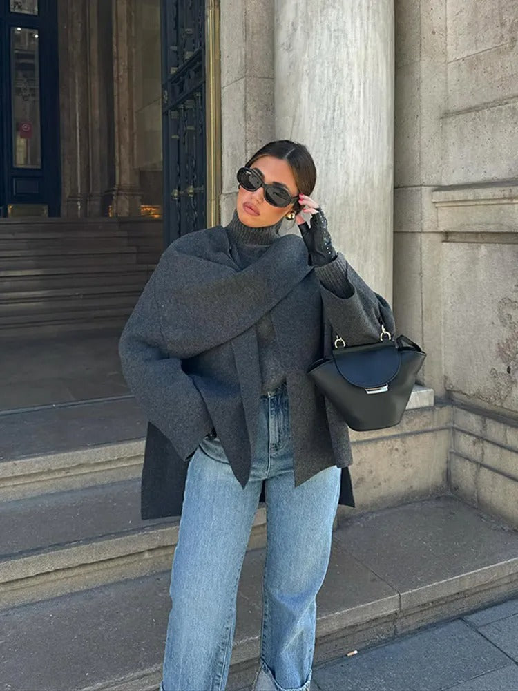 Poncho Alina Donna – Poncho Asimmetrico in Lana con Drape Elegante