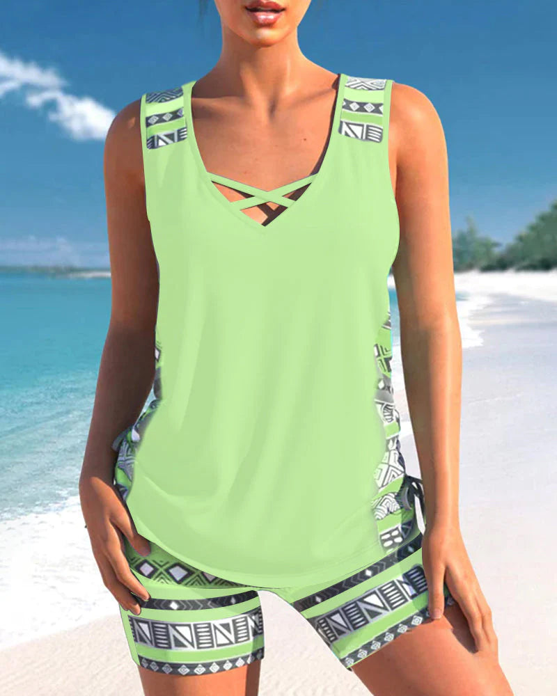 Jessica Tankini Femme – Ensemble Tankini avec Imprimé Géométrique et Short Assorti