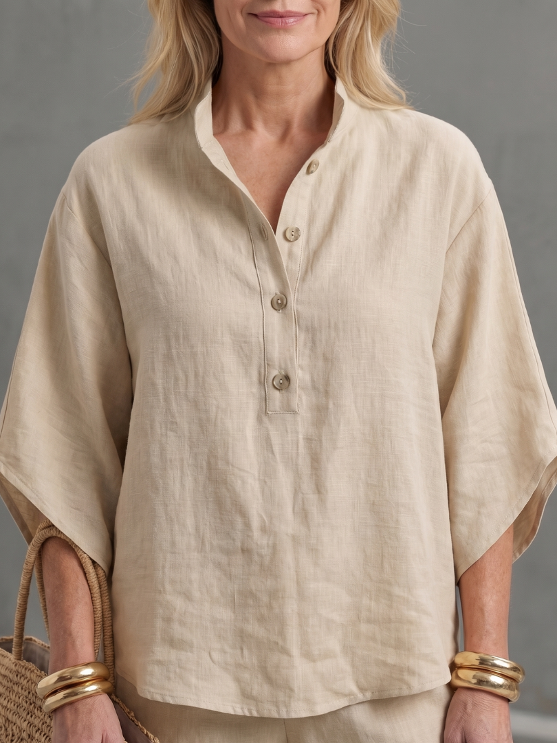 Arianne Ensemble Tunique et Pantalon – Ensemble Décontracté en Coton et Lin à Boutons