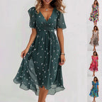 Brielle Robe Midi Femme – Robe Fleurie Cache-Cœur avec Taille Nouée et Col V Élégant