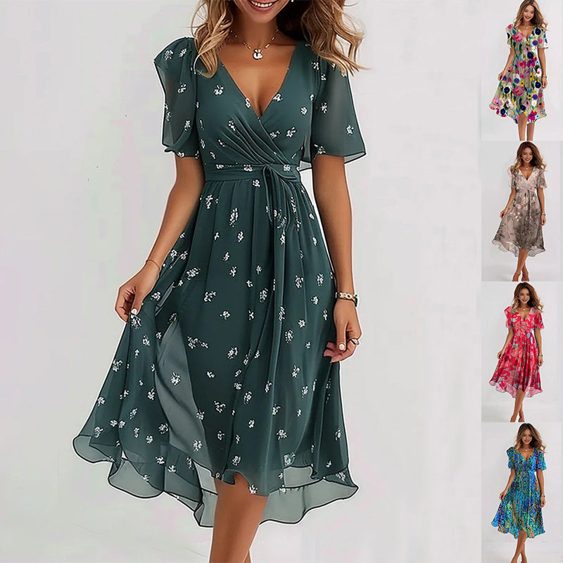 Brielle Robe Midi Femme – Robe Fleurie Cache-Cœur avec Taille Nouée et Col V Élégant