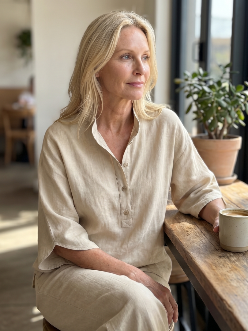 Arianne Ensemble Tunique et Pantalon – Ensemble Décontracté en Coton et Lin à Boutons
