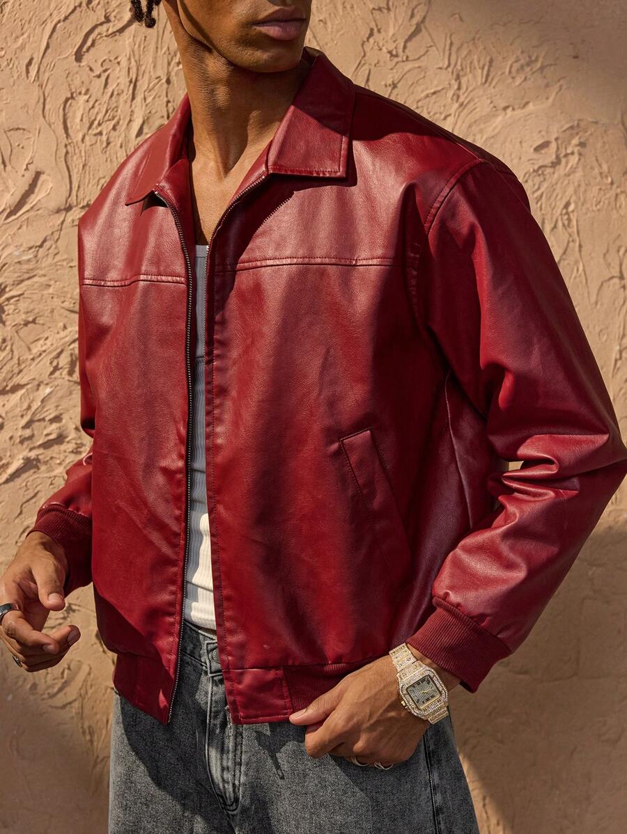 Brandon Veste Homme – Blouson Rouge en Similicuir Zippé au Style Urbain Moderne