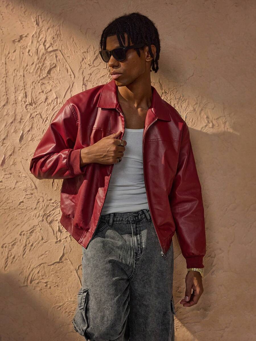 Brandon Men's Jacket – Red Faux Leather Zip-Up Jacket with Modern Urban Style