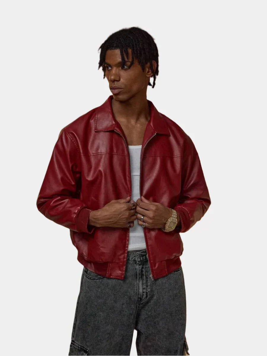Brandon Men's Jacket – Red Faux Leather Zip-Up Jacket with Modern Urban Style