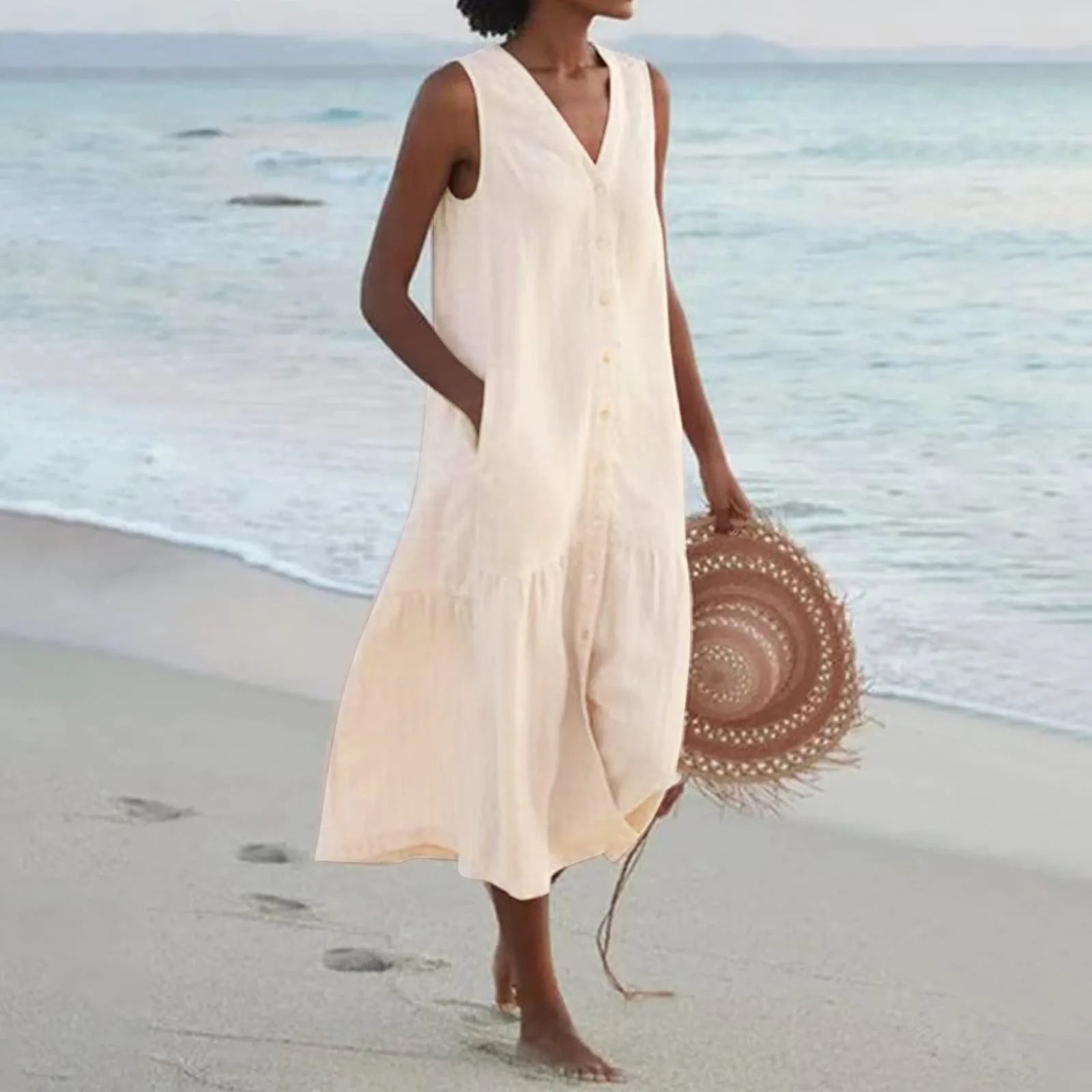 Ainsley Robe Longue Femme – Robe Sans Manches à Col V avec Coupe Fluide et Style Estival