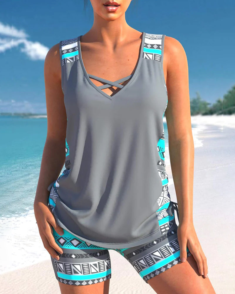Jessica Tankini Femme – Ensemble Tankini avec Imprimé Géométrique et Short Assorti