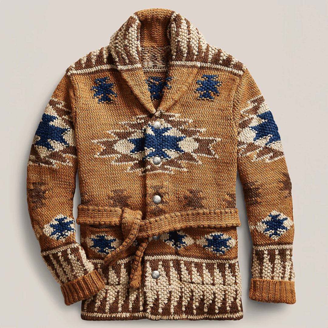 Logan Cardigan Homme – Gilet Jacquard en Maille Épaisse avec Col Châle & Ceinture Ajustable