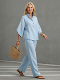 Arianne Ensemble Tunique et Pantalon – Ensemble Décontracté en Coton et Lin à Boutons