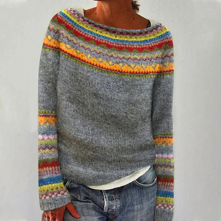 Solveig Pull Femme – Maille Douce à Motif Nordique Coloré et Col Bateau