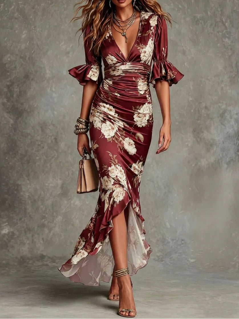 Rochelle Robe Maxi Asymétrique en Satin – Robe Fleurie Élégante à Manches Cloche Volantées