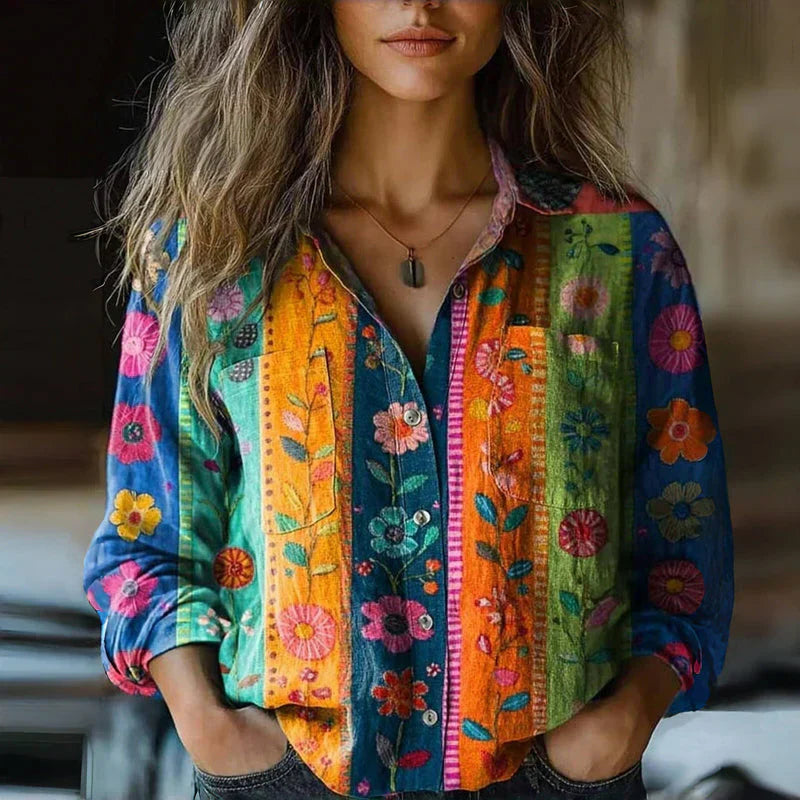 Bellamy Blouse Fleurie Femme – Chemisier Coloré à Boutons avec Motifs Bohèmes & Coupe Décontractée