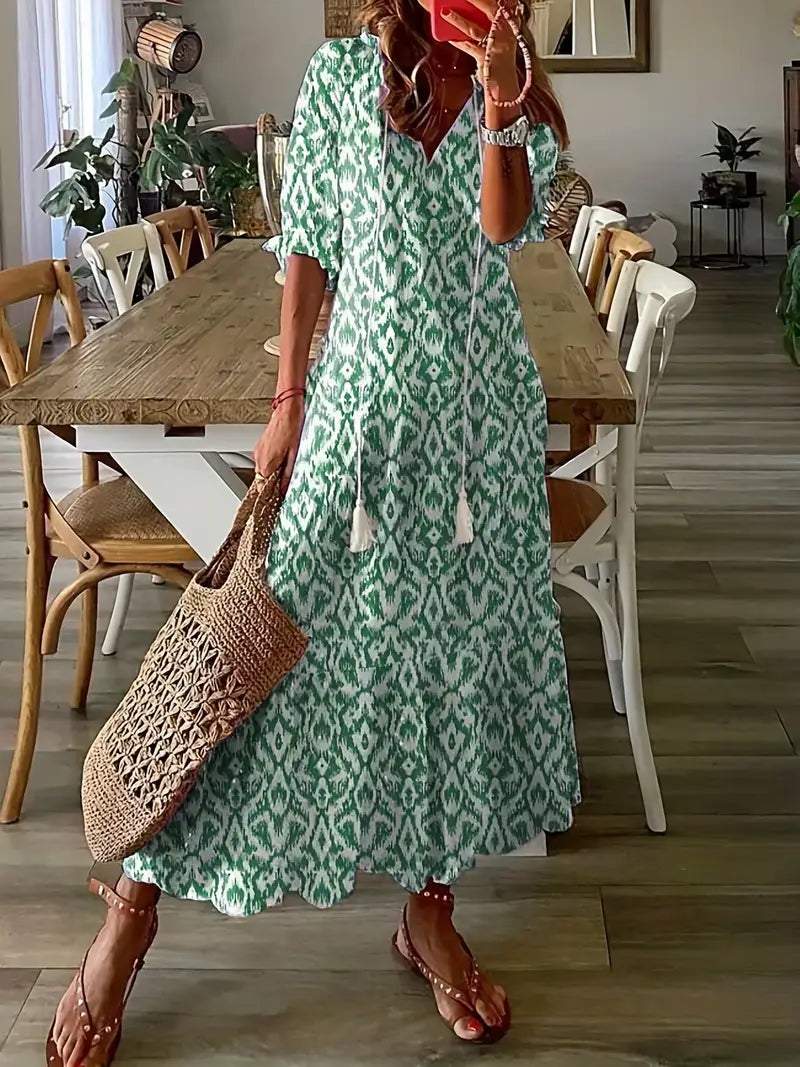 Madison Robe Bohème Femme – Robe Maxi à Col V, Motif Ikat & Coupe Fluide