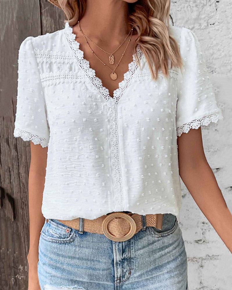 Elodie Blouse Femme – Blouse en Coton avec Dentelle Délicate et Manches Élégantes
