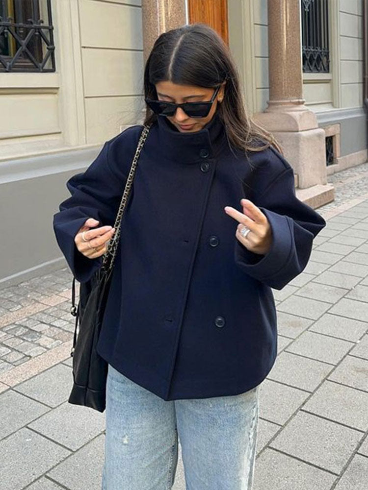 Celestine Manteau Court Femme – Veste Croisée Chic avec Col Montant & Coupe Oversize