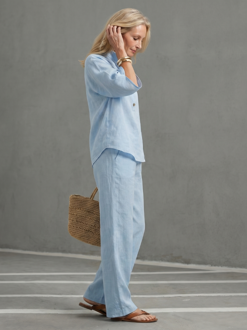 Arianne Ensemble Tunique et Pantalon – Ensemble Décontracté en Coton et Lin à Boutons
