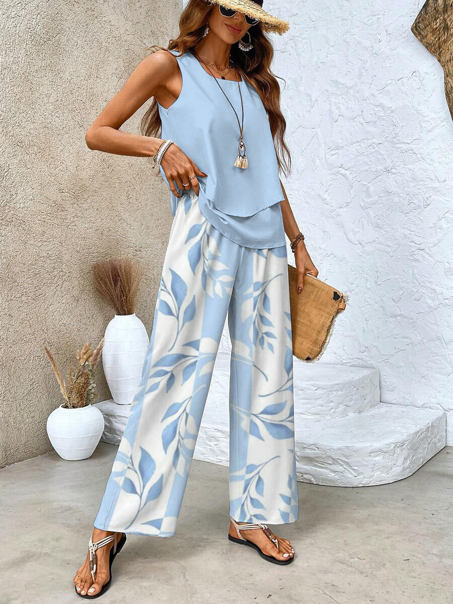 Paisley Ensemble Femme – Haut Sans Manches Imprimé et Pantalon Fluide au Style Élégant