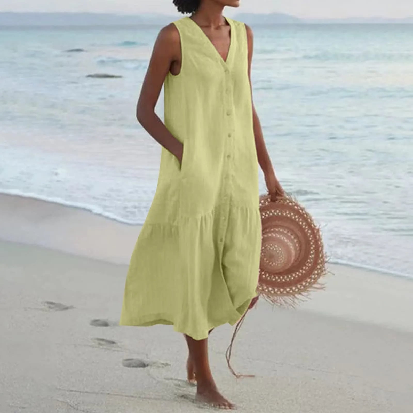 Ainsley Robe Longue Femme – Robe Sans Manches à Col V avec Coupe Fluide et Style Estival