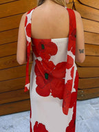 Élodie – Vestido largo palabra de honor azul petróleo con grandes flores blancas y corte fluido