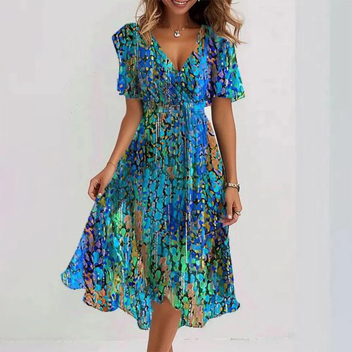 Marielle Robe Fleurie Femme – Robe Midi à Col V avec Taille Marquée et Coupe Fluide