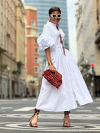 Vanessa Robe Longue en Coton – Robe Blanche Élégante avec Ceinture et Poches