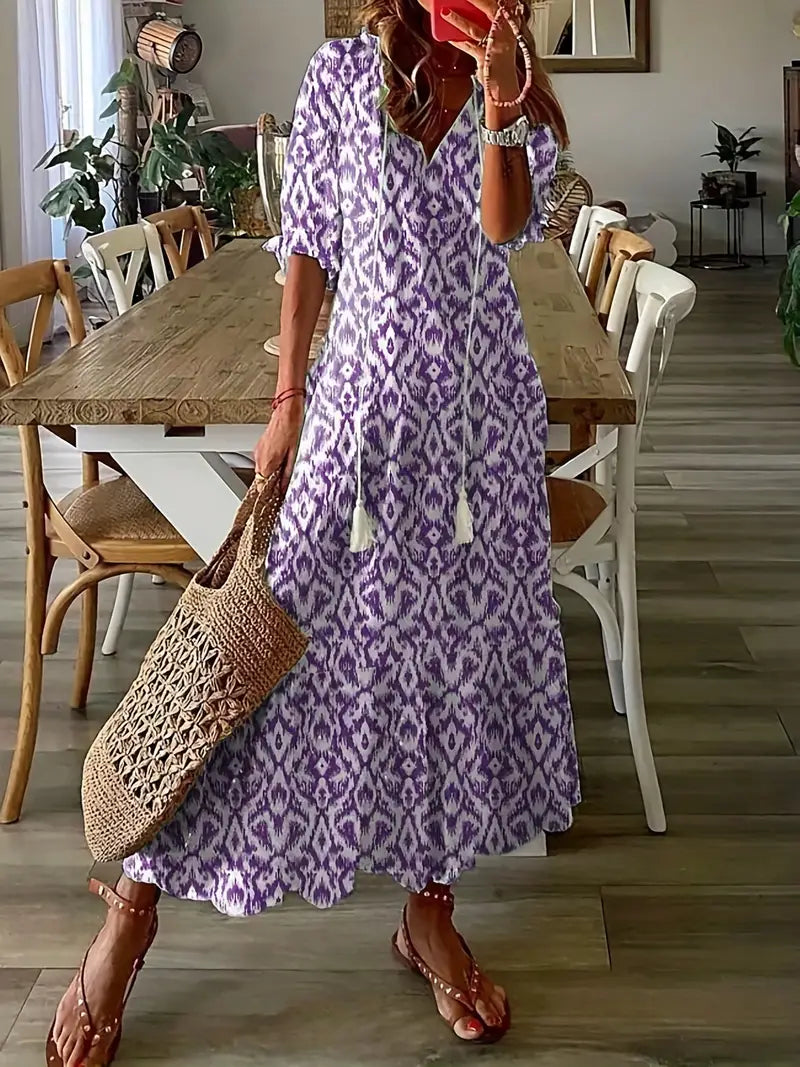 Madison Robe Bohème Femme – Robe Maxi à Col V, Motif Ikat & Coupe Fluide