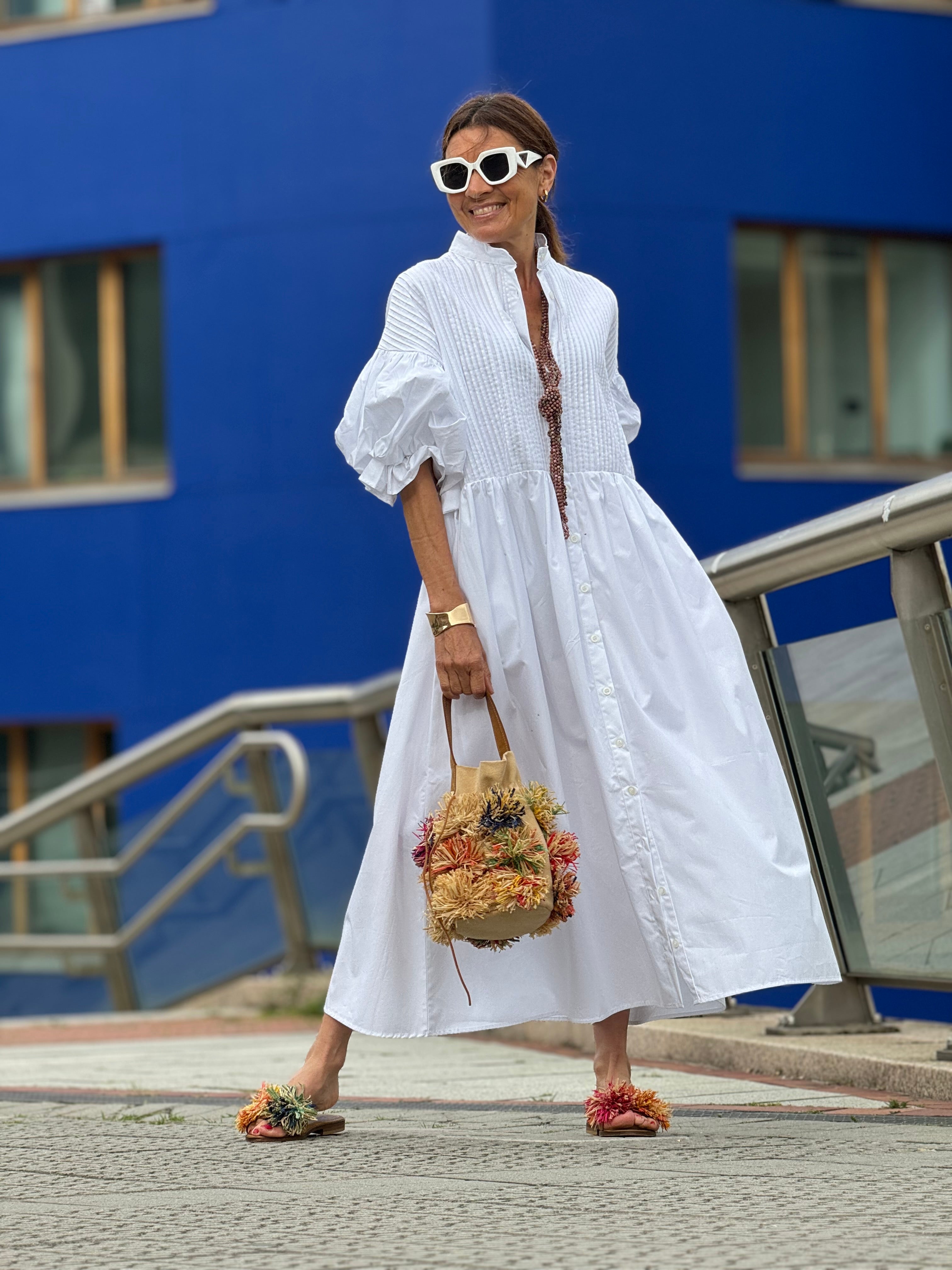 Vanessa Robe Longue en Coton – Robe Blanche Élégante avec Ceinture et Poches