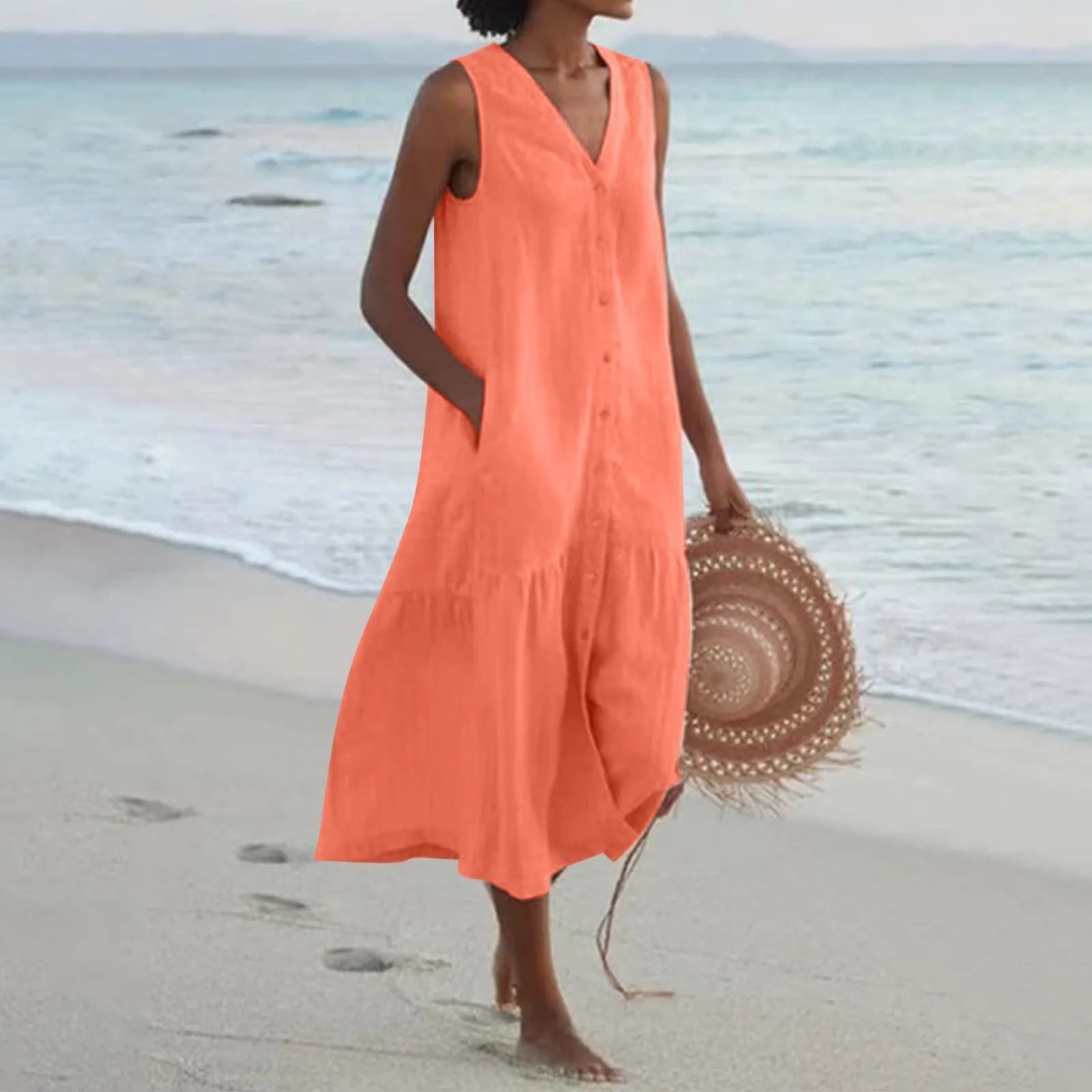 Ainsley Robe Longue Femme – Robe Sans Manches à Col V avec Coupe Fluide et Style Estival
