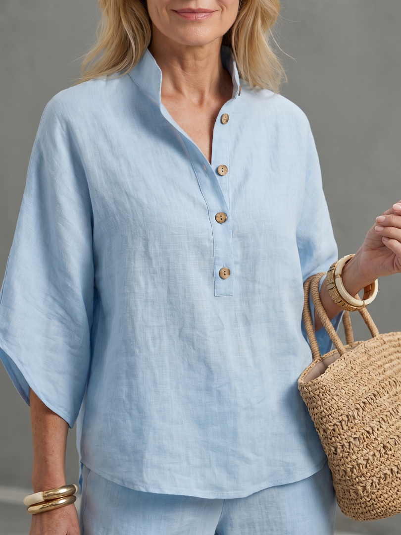 Arianne Ensemble Tunique et Pantalon – Ensemble Décontracté en Coton et Lin à Boutons