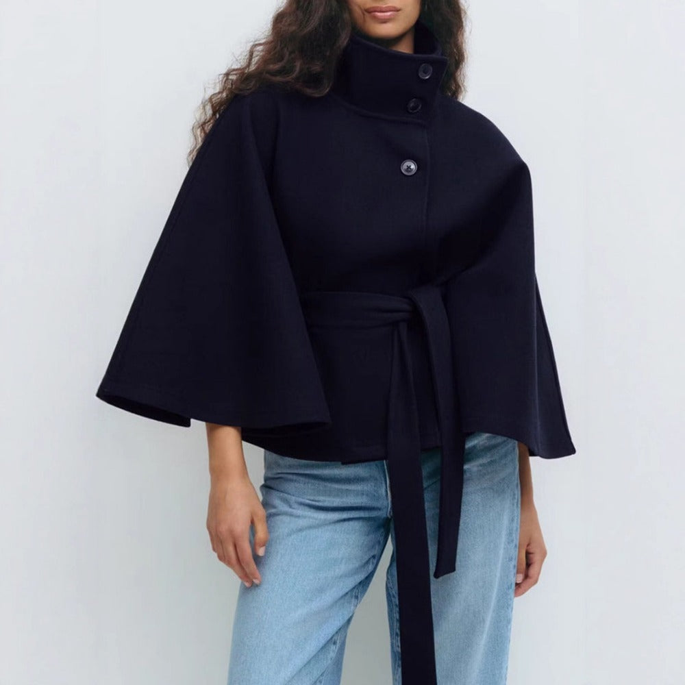 Emerson Manteau Cape Femme – Veste Élégante à Col Montant avec Ceinture Ajustable
