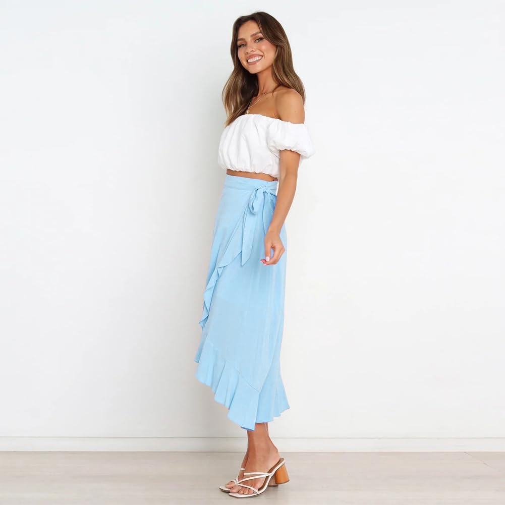 Cyrielle Jupe Portefeuille – Jupe Midi Taille Haute à Volants Élégante avec Ceinture