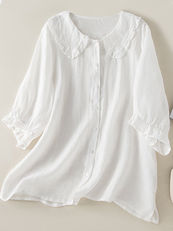 Peyton Blouse Femme – Chemise Ample en Coton-Lin avec Col à Volants Élégant