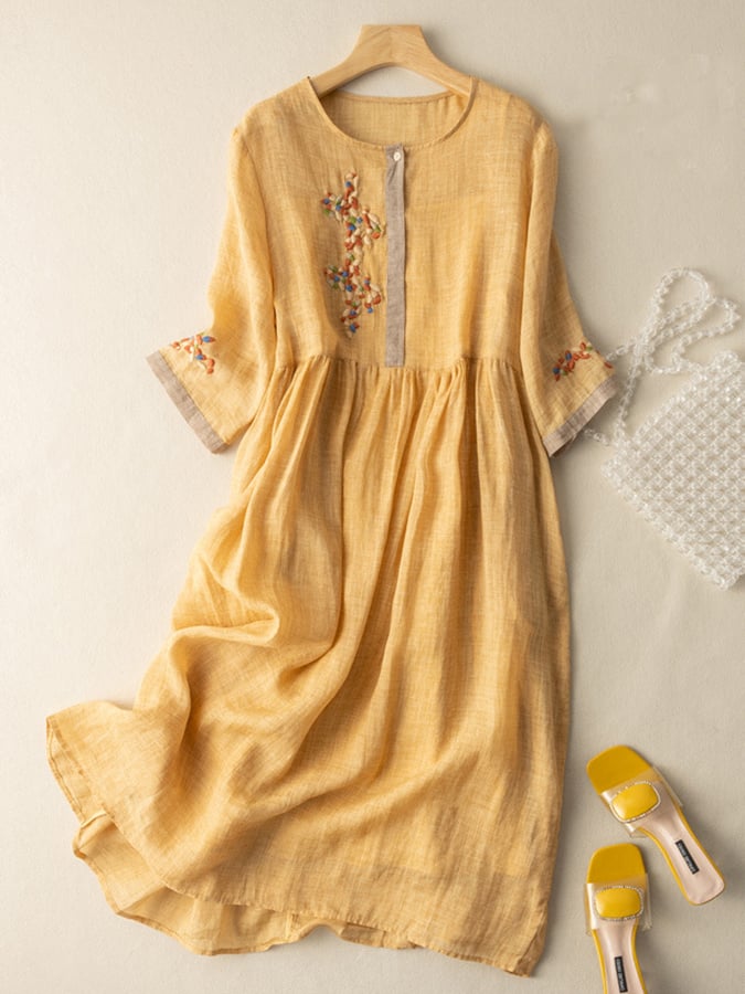 Elowen Robe Femme – Robe Bohème en Coton et Lin avec Broderies Florales Délicates