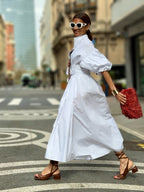 Vanessa Robe Longue en Coton – Robe Blanche Élégante avec Ceinture et Poches
