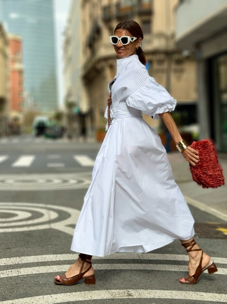 Vanessa Robe Longue en Coton – Robe Blanche Élégante avec Ceinture et Poches