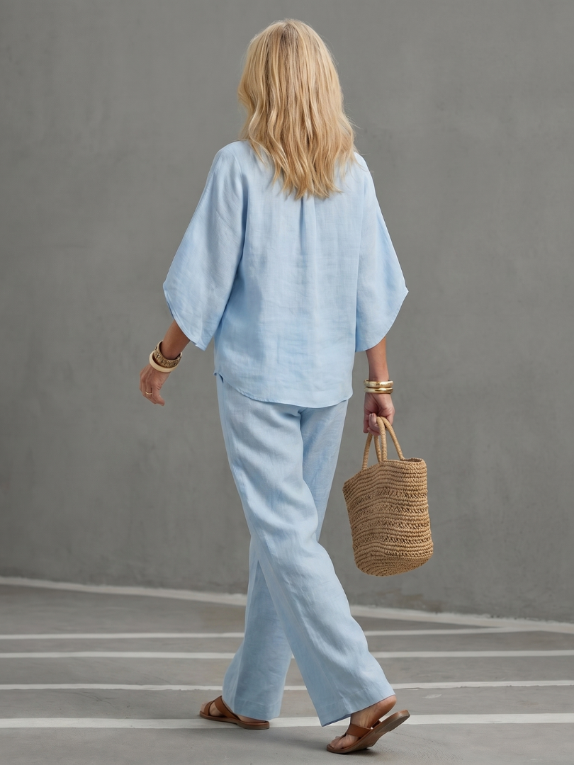 Arianne Ensemble Tunique et Pantalon – Ensemble Décontracté en Coton et Lin à Boutons