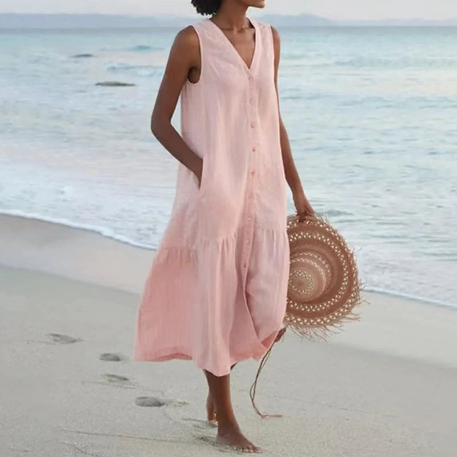 Ainsley Robe Longue Femme – Robe Sans Manches à Col V avec Coupe Fluide et Style Estival