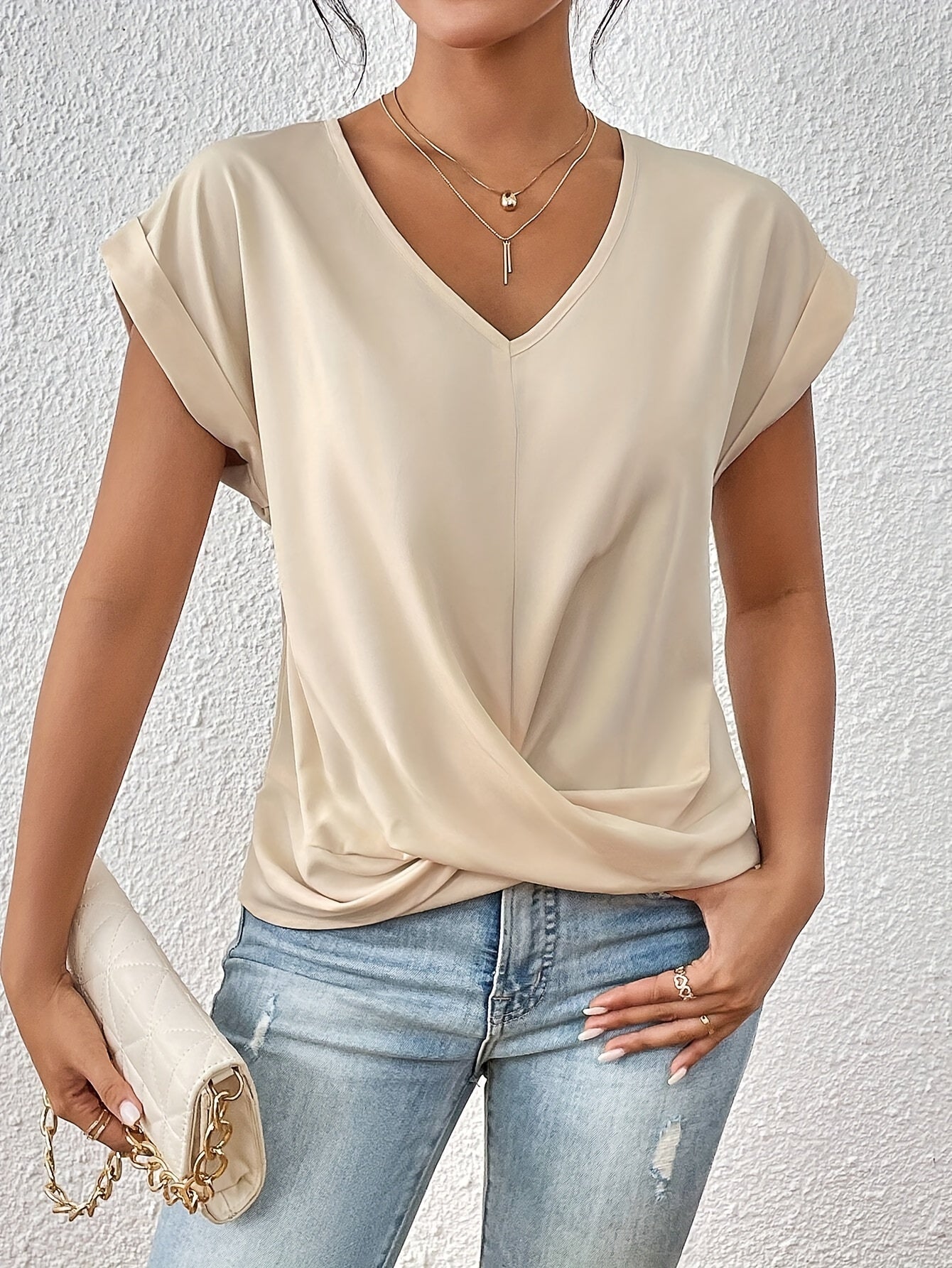 Élise Top Femme – Col en V Drapé, Manches Courtes & Coupe Confortable