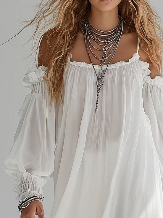 Marielle Robe Mini Bohème – Robe Fluide Épaules Dénudées en Mousseline