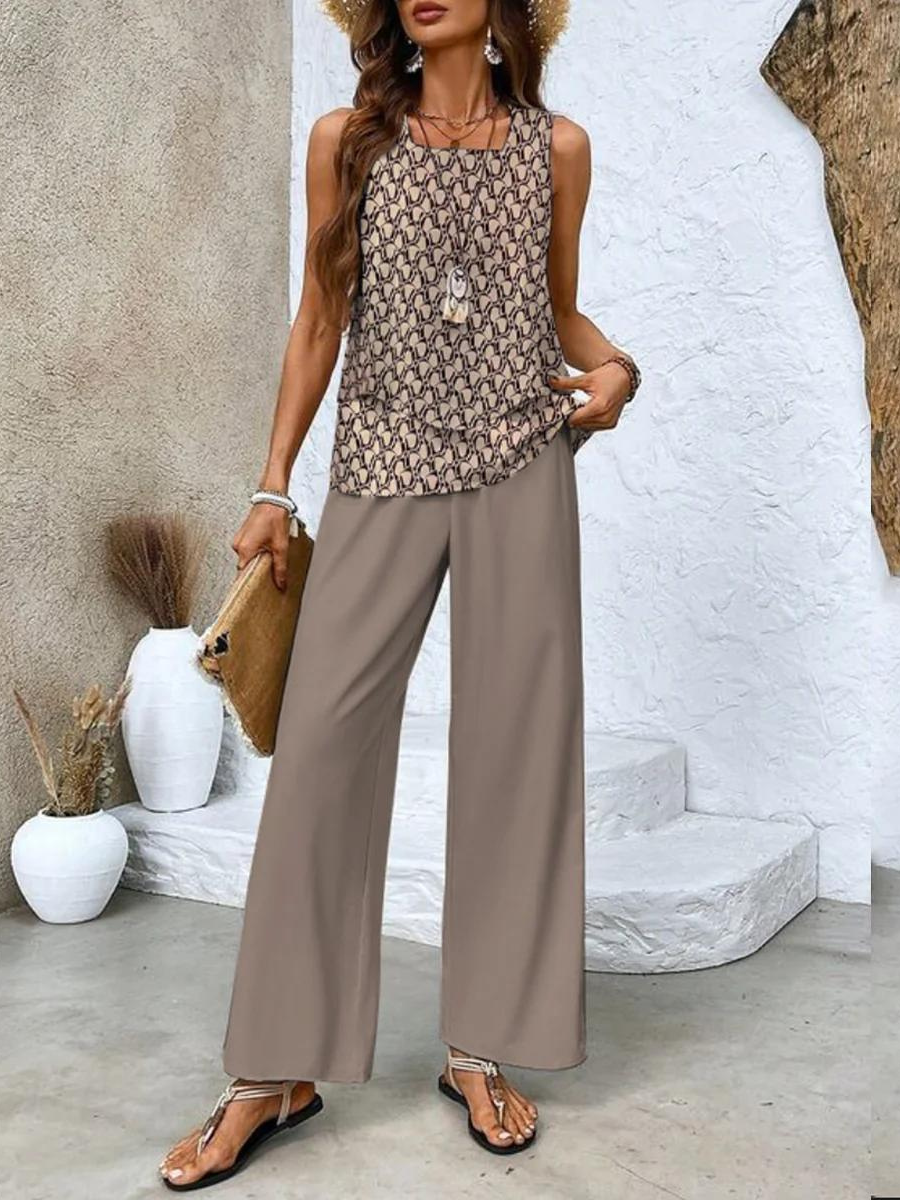 Paisley Ensemble Femme – Haut Sans Manches Imprimé et Pantalon Fluide au Style Élégant