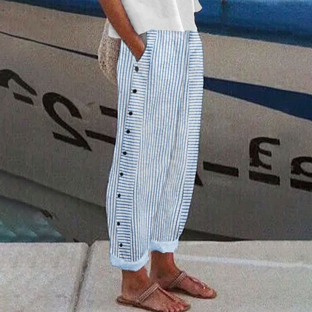 Sutton Pantalon Femme – Pantalon Rayé Décontracté avec Poches Latérales et Coupe Ample