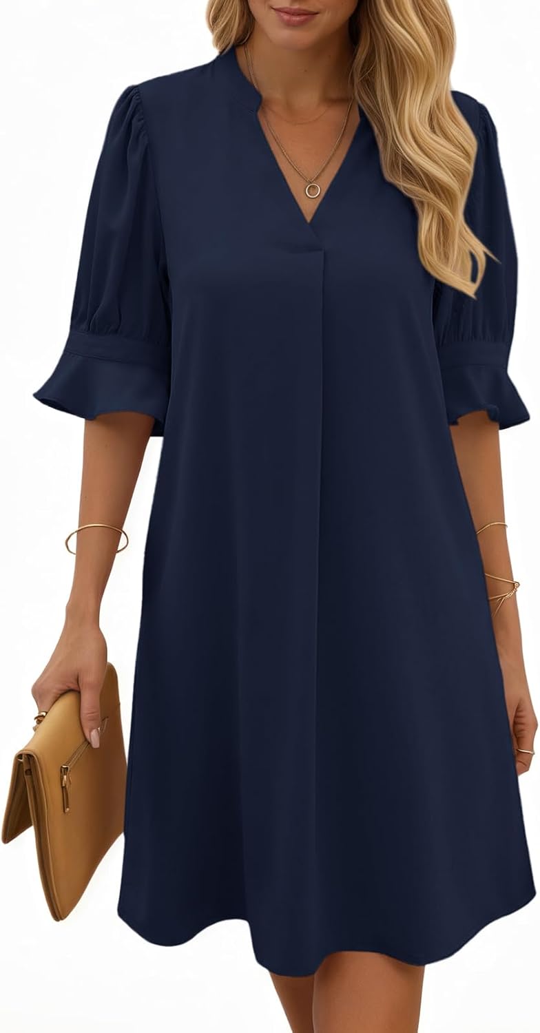 Joséphine Robe Femme – Robe Chemise à Col V avec Manches Volantées