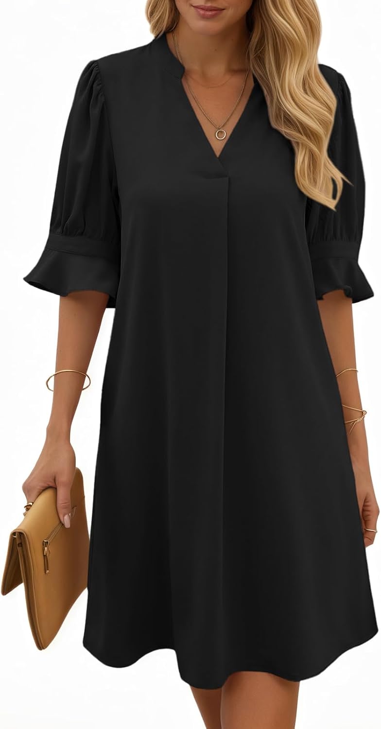 Joséphine Robe Femme – Robe Chemise à Col V avec Manches Volantées