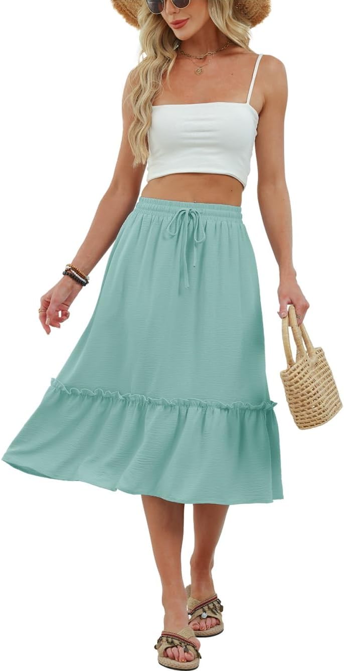 Solène Jupe Midi Fluide – Jupe Taille Élastique avec Poches pour un Style Élégant