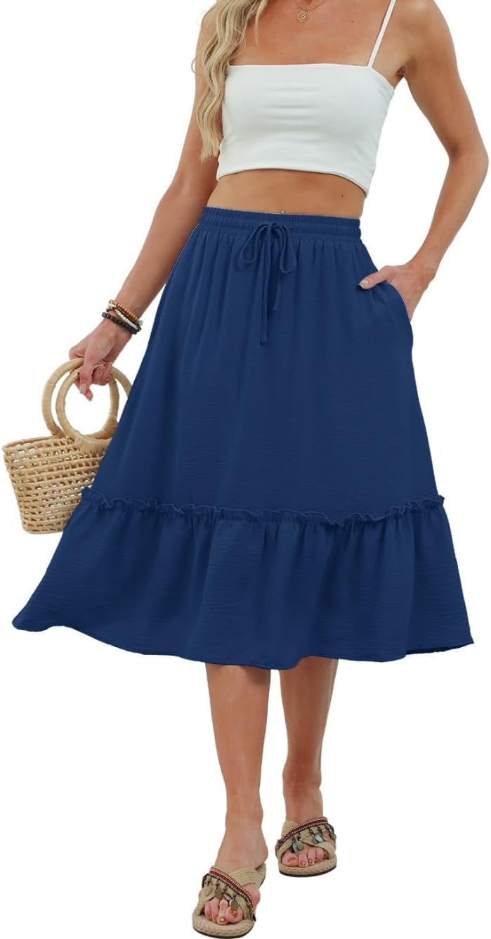Solène Jupe Midi Fluide – Jupe Taille Élastique avec Poches pour un Style Élégant